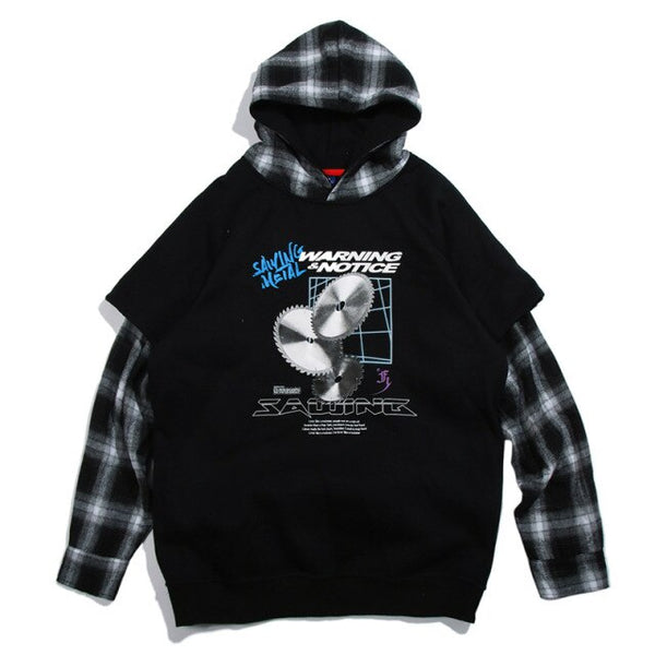 Hoodies Men Fake 2 Pieces Men Hooded Pullover Oversize Style Plaid Print Sleeve Sweatshirt Lover High Street Streetwear