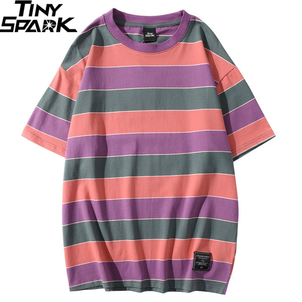 Hip Hop T Shirt Men Streetwear Harajuku Stripe Tshirt Color Block Short Sleeve | Vimost Shop.