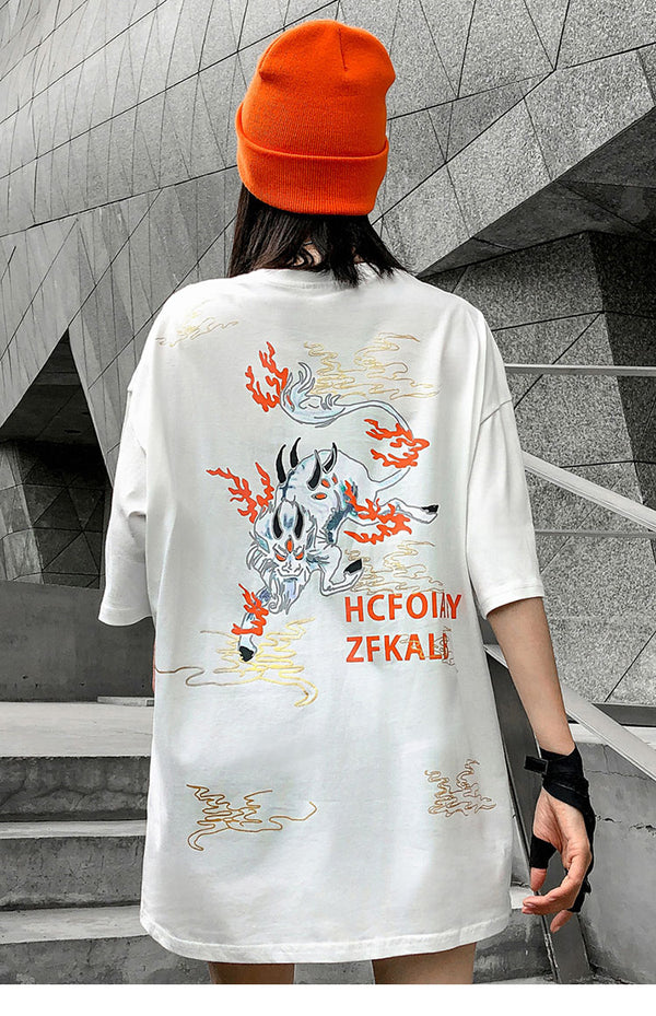 Streetwear Chinese Mythical Creature Harajuku Tshirt Summer Short Sleeve T-Shirt Cotton Tops Tees Black | Vimost Shop.