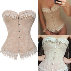 Lace Up Corsets Bustiers Overbust Waist Trainer Embroidery Sexy Boned White Beige Corset Burlesque Costumes Corselet Halloween | Vimost Shop.