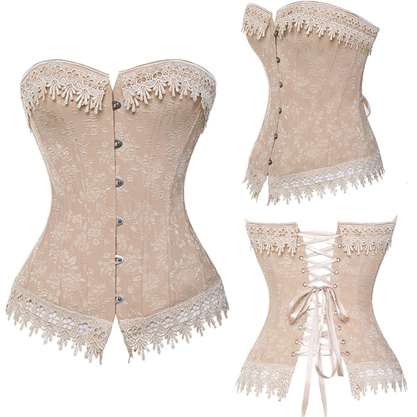 Lace Up Corsets Bustiers Overbust Waist Trainer Embroidery Sexy Boned White Beige Corset Burlesque Costumes Corselet Halloween | Vimost Shop.