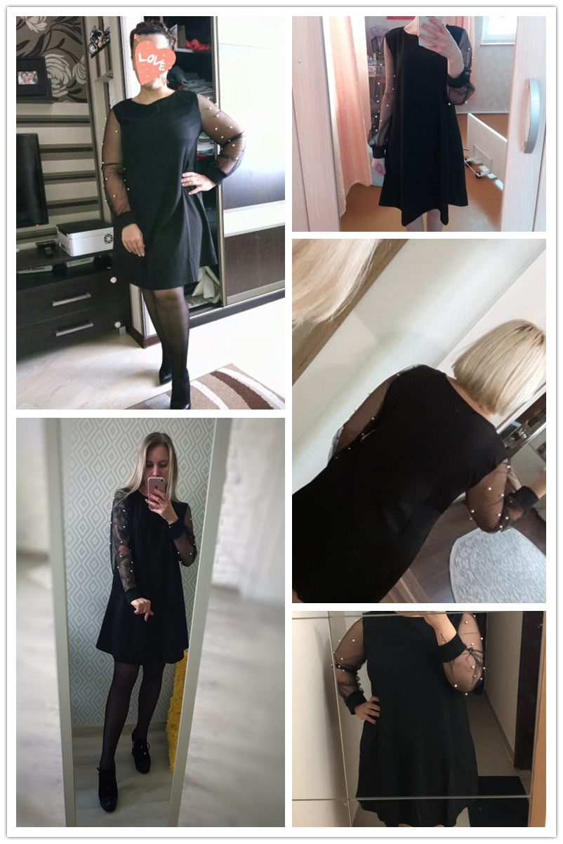 Elegant Womens Dresses Pearl Beading Mesh Sleeve Tunic Dress Autumn Black Boat Neck Long Sleeve A Line Dress | Vimost Shop.