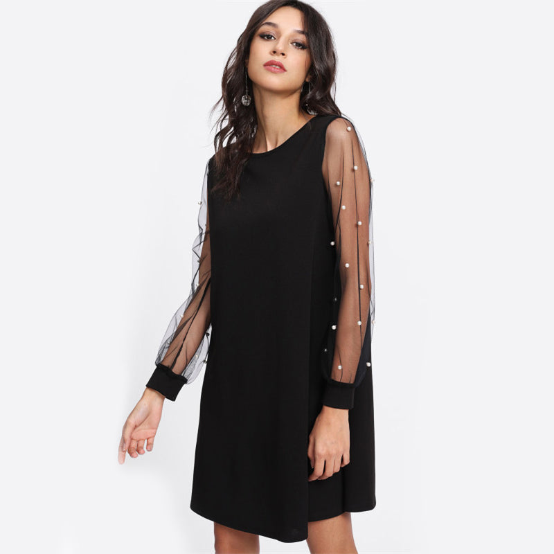 Elegant Womens Dresses Pearl Beading Mesh Sleeve Tunic Dress Autumn Black Boat Neck Long Sleeve A Line Dress | Vimost Shop.