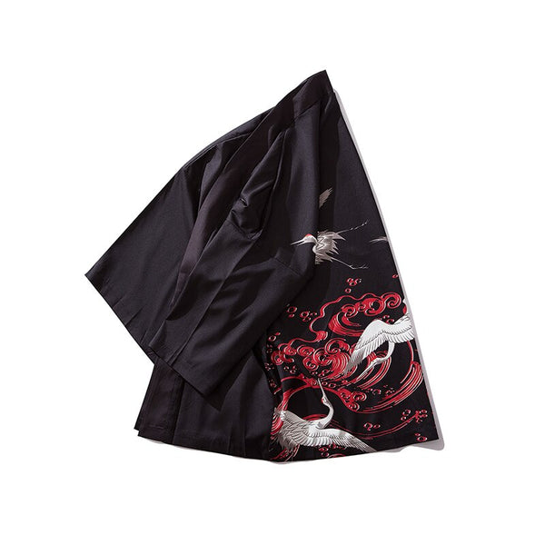 Japan Style Crane Printed Black Thin Kimono Men Japanese Streetwear Vintage Cardigan Jackets Casual Outerwear | Vimost Shop.