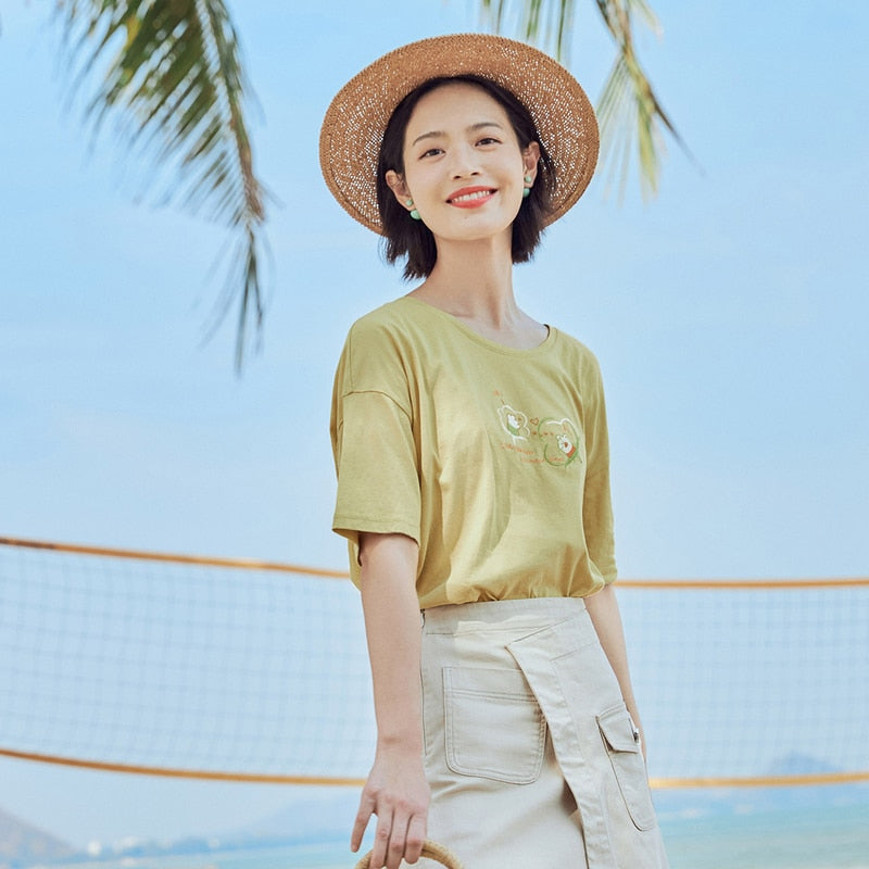 Loose Literary All-match Pure Cotton Printed Short Sleeve T-shirt | Vimost Shop.