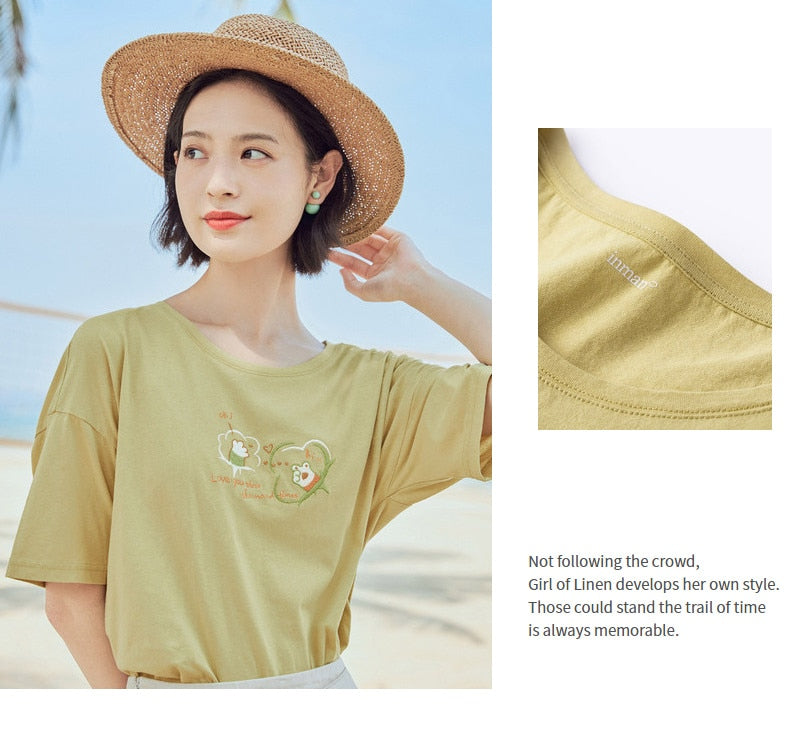 Loose Literary All-match Pure Cotton Printed Short Sleeve T-shirt | Vimost Shop.