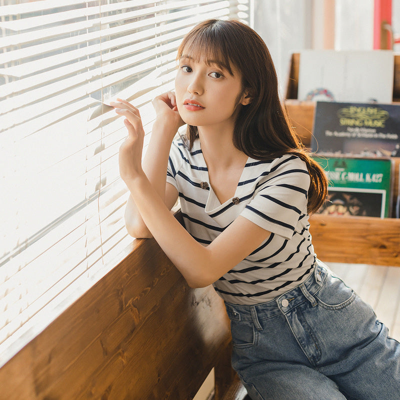 French Style Square-cut Collar Stripe Slimmed Retro Short Sleeve T-shirt | Vimost Shop.