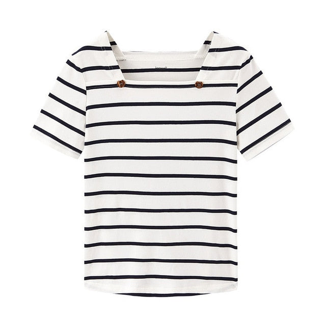 French Style Square-cut Collar Stripe Slimmed Retro Short Sleeve T-shirt | Vimost Shop.