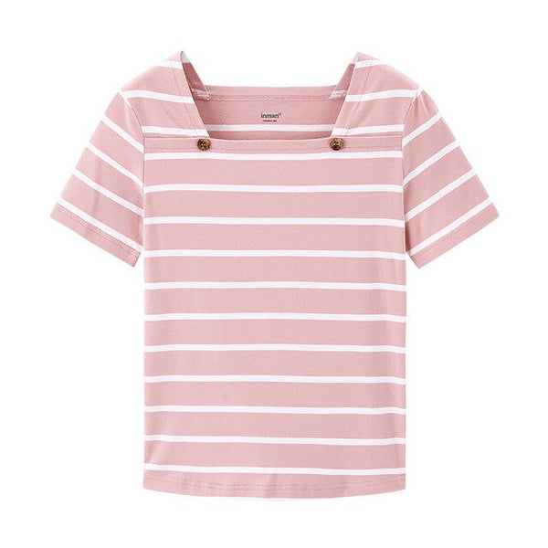 French Style Square-cut Collar Stripe Slimmed Retro Short Sleeve T-shirt | Vimost Shop.