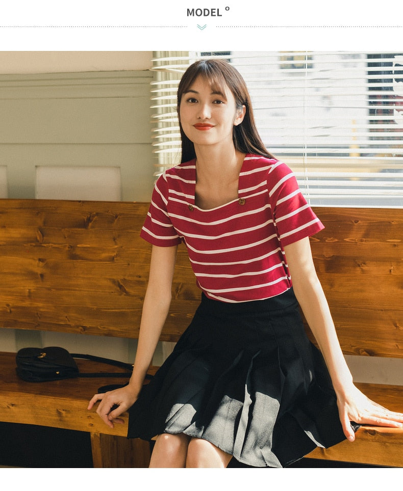 French Style Square-cut Collar Stripe Slimmed Retro Short Sleeve T-shirt | Vimost Shop.