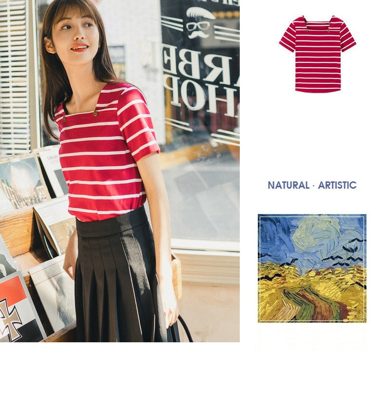 French Style Square-cut Collar Stripe Slimmed Retro Short Sleeve T-shirt | Vimost Shop.