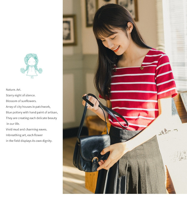 French Style Square-cut Collar Stripe Slimmed Retro Short Sleeve T-shirt | Vimost Shop.