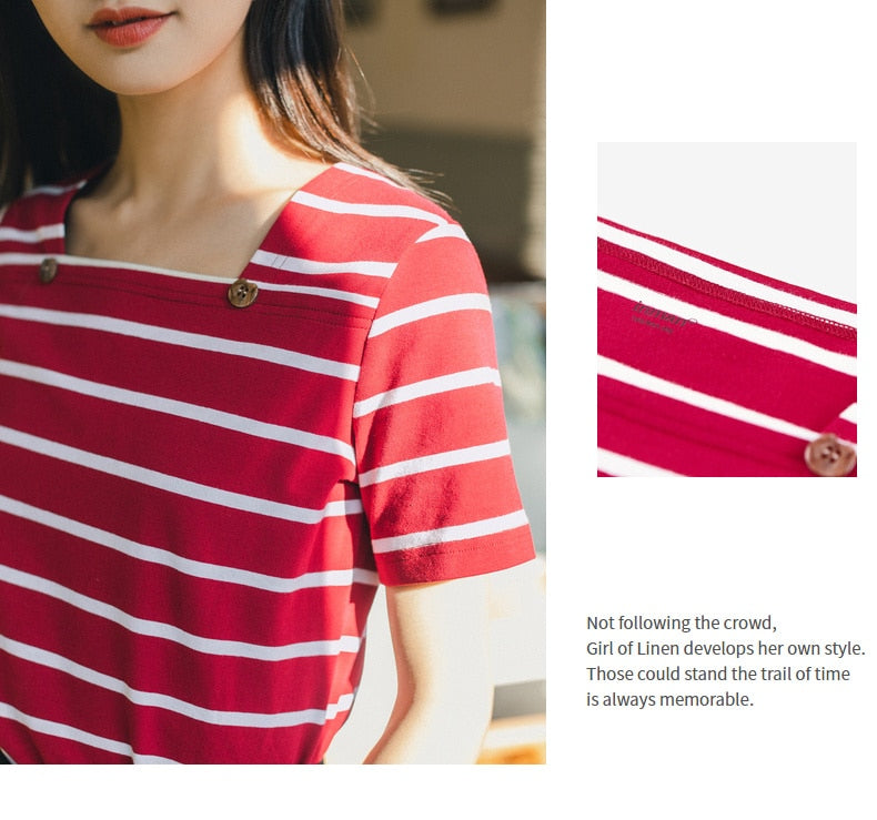 French Style Square-cut Collar Stripe Slimmed Retro Short Sleeve T-shirt | Vimost Shop.