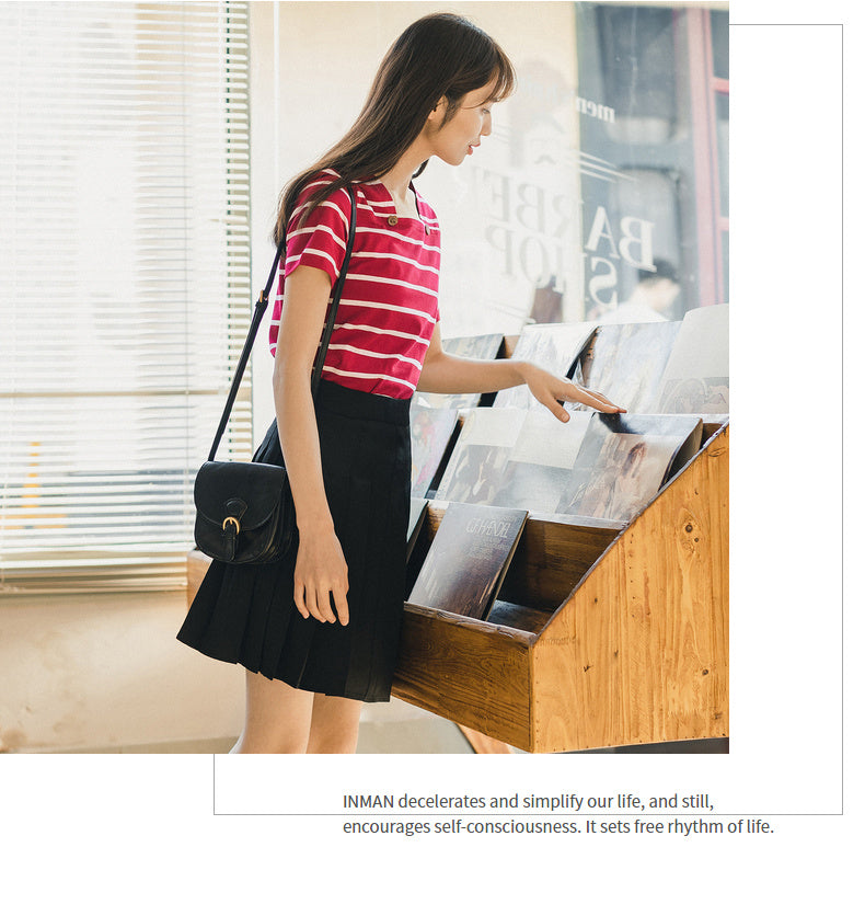 French Style Square-cut Collar Stripe Slimmed Retro Short Sleeve T-shirt | Vimost Shop.