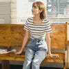 French Style Square-cut Collar Stripe Slimmed Retro Short Sleeve T-shirt | Vimost Shop.