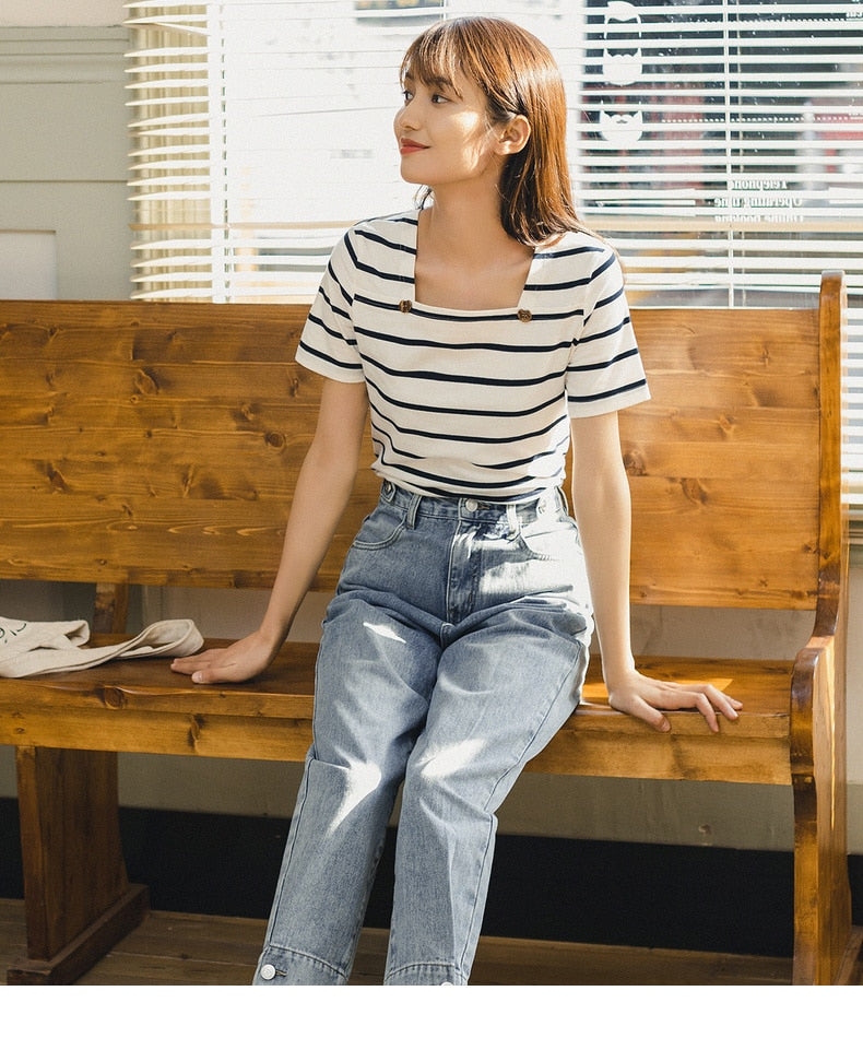 French Style Square-cut Collar Stripe Slimmed Retro Short Sleeve T-shirt | Vimost Shop.