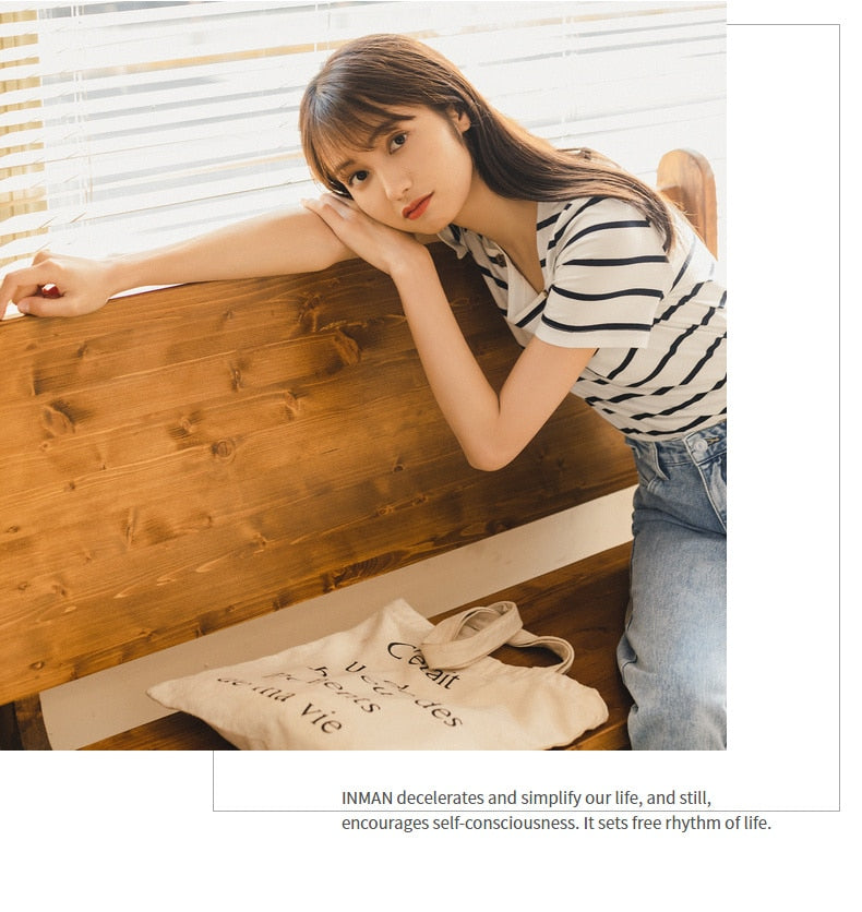 French Style Square-cut Collar Stripe Slimmed Retro Short Sleeve T-shirt | Vimost Shop.