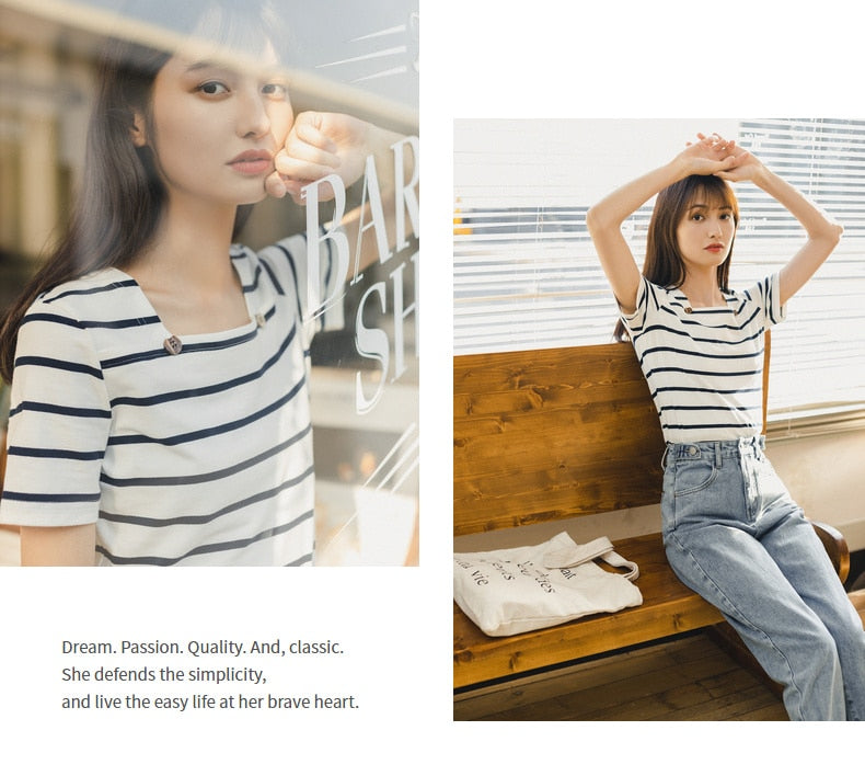 French Style Square-cut Collar Stripe Slimmed Retro Short Sleeve T-shirt | Vimost Shop.