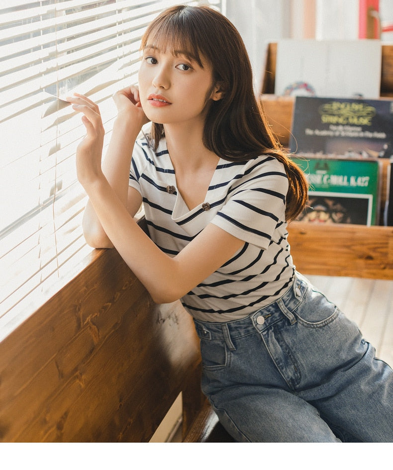 French Style Square-cut Collar Stripe Slimmed Retro Short Sleeve T-shirt | Vimost Shop.