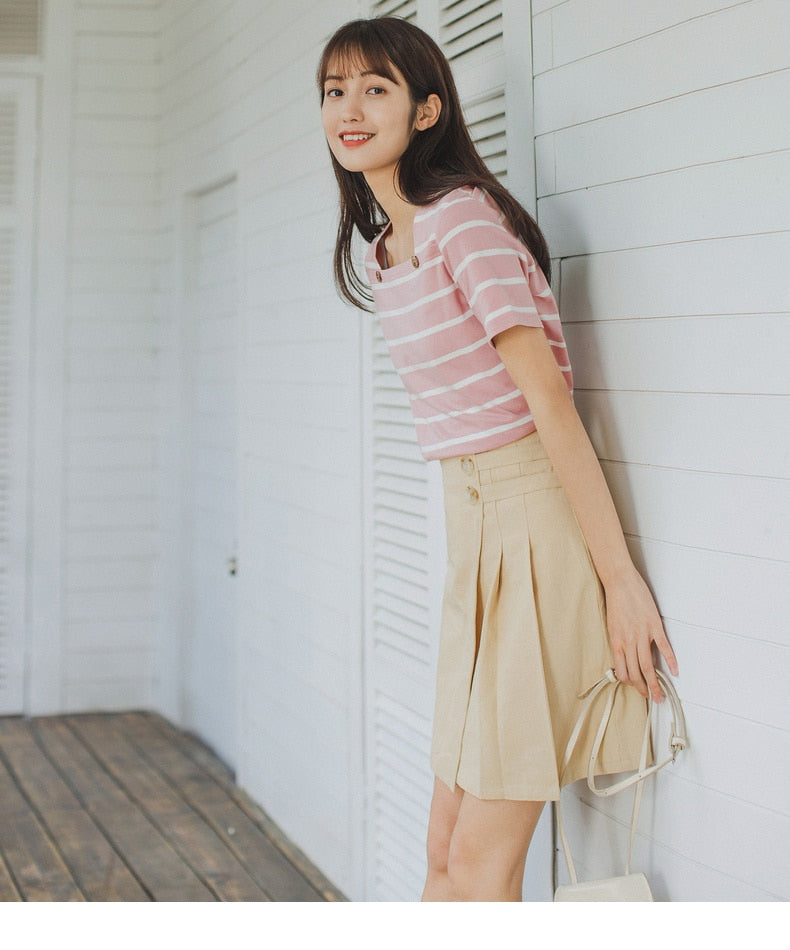French Style Square-cut Collar Stripe Slimmed Retro Short Sleeve T-shirt | Vimost Shop.