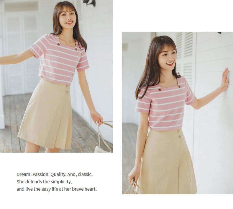 French Style Square-cut Collar Stripe Slimmed Retro Short Sleeve T-shirt | Vimost Shop.