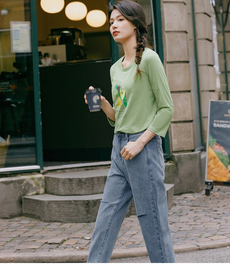 Spring New Arriavl Literary Flower Printed Loose All-match Base T-shirt | Vimost Shop.