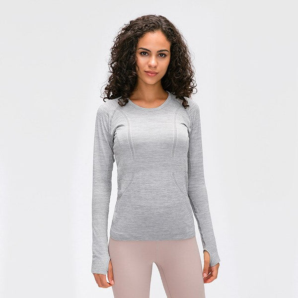 Seamless Slim Fit Yoga Shirts Workout Long Sleeved Shirts Women O-neck Sports Gym Fitness Tops with Thumb Holes Workout Top | Vimost Shop.