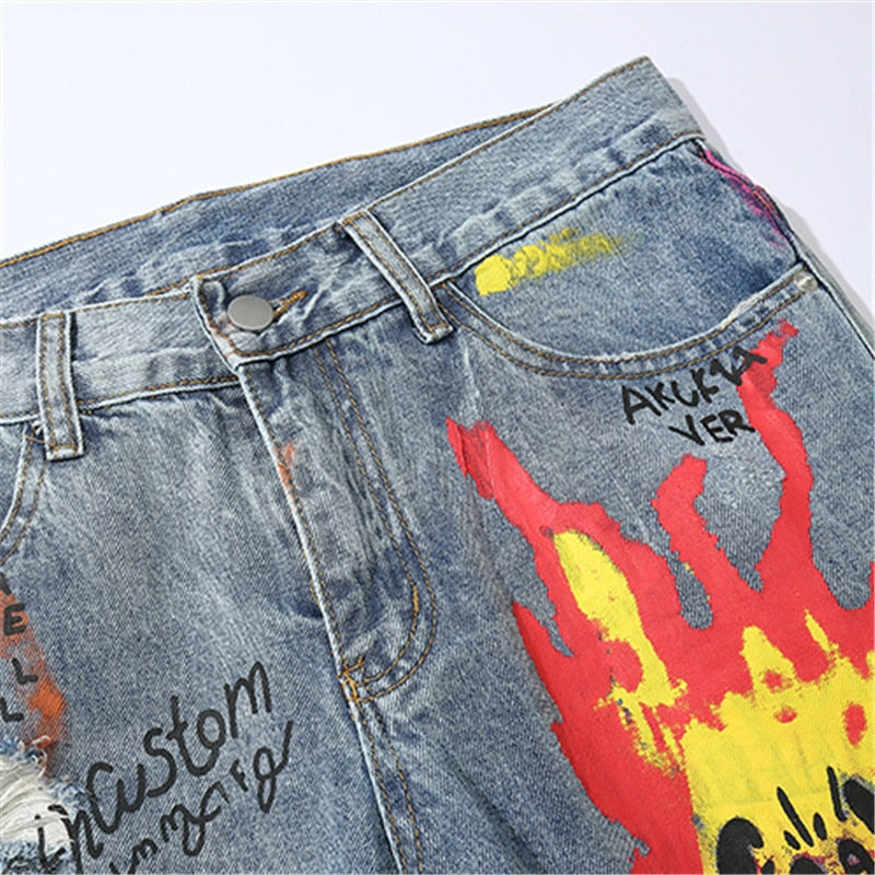 Hip Hop Streetwear Ripped Slim Fit Jeans Skinny Jeans Japan Graffiti Flame Skeleton Print Men Jogger Denim Pants | Vimost Shop.