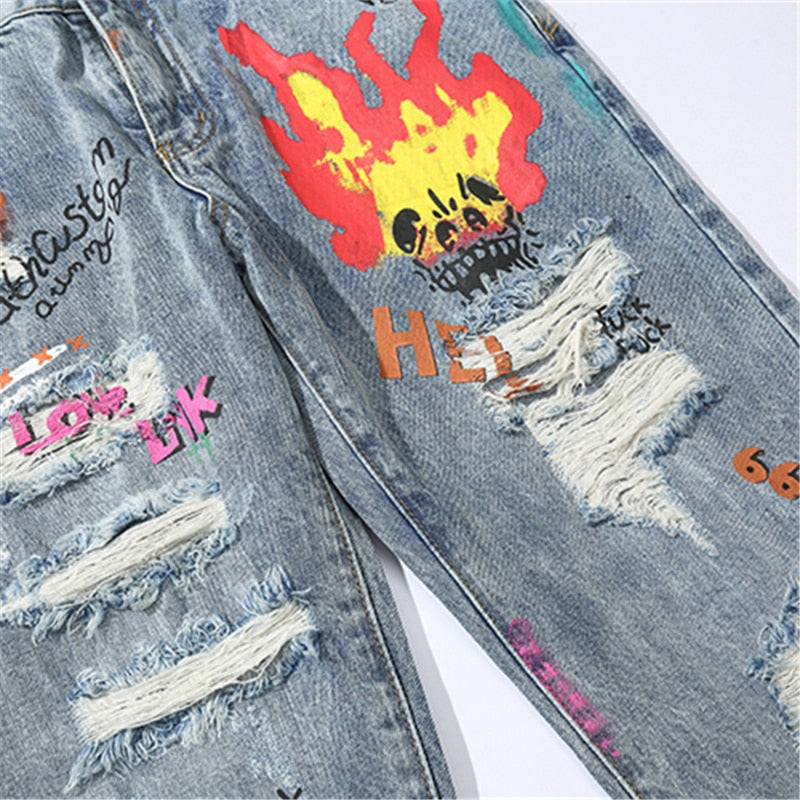 Hip Hop Streetwear Ripped Slim Fit Jeans Skinny Jeans Japan Graffiti Flame Skeleton Print Men Jogger Denim Pants | Vimost Shop.