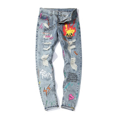 Hip Hop Streetwear Ripped Slim Fit Jeans Skinny Jeans Japan Graffiti Flame Skeleton Print Men Jogger Denim Pants | Vimost Shop.