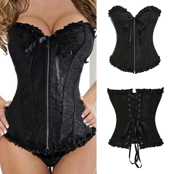 Women Halloween Zipper Bustier Top Corset Sexy Boned Waist Trainer Corset Overbust Brocade Plus Size Waspie Black | Vimost Shop.