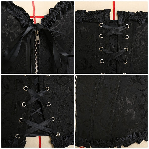 Women Halloween Zipper Bustier Top Corset Sexy Boned Waist Trainer Corset Overbust Brocade Plus Size Waspie Black | Vimost Shop.