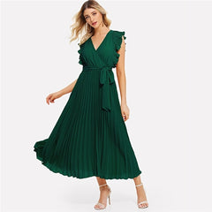 Soild Ruffle Trim Wrap Knot Summer Dress With Belt Women Clothes A Line High Waist Maxi Dress Ladies Pleated Dresses | Vimost Shop.