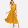 Soild Ruffle Trim Wrap Knot Summer Dress With Belt Women Clothes A Line High Waist Maxi Dress Ladies Pleated Dresses | Vimost Shop.