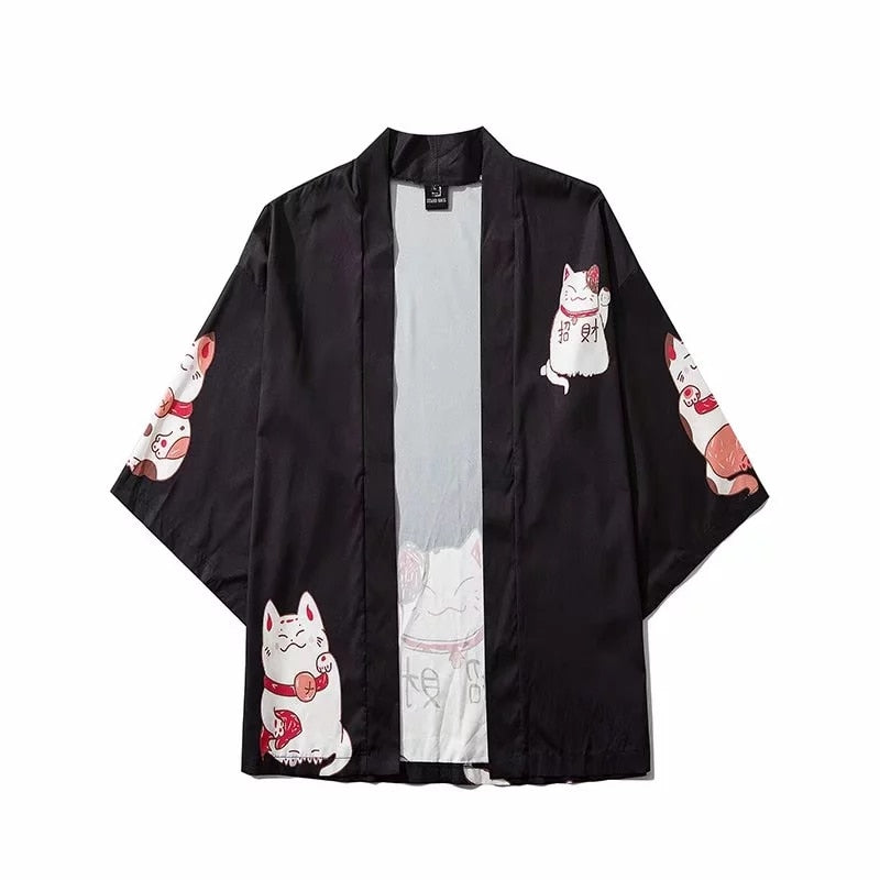 Japan Style Clothes Men Summer Streetwear Cat Print Kimono Cardigan Mandarin Robe Men Unisex Japanese Trend Kimonos | Vimost Shop.