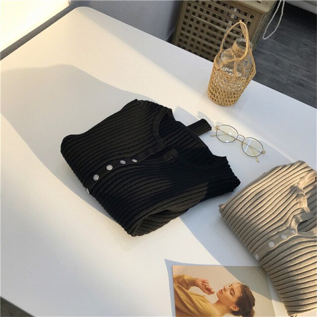 Women Button Up Ribbed Sweater Shirt Cropped Knit Cardigans Korean Knitting Crop Tops Streetwear