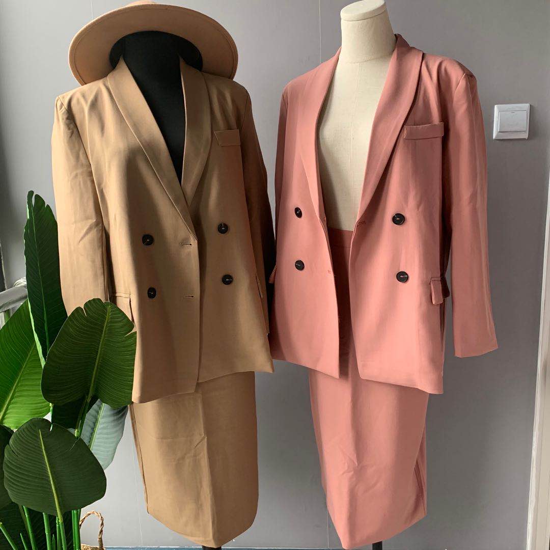 Women Blazer Suits Doule Breasted Pink Blazer High Waist Skirt Office Lady Sets | Vimost Shop.