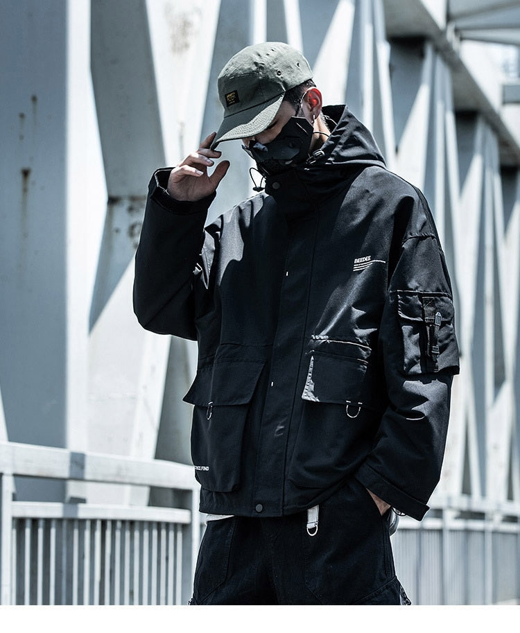 Letter Black Multi-pocket Men's Hip Hop Cargo Jackets Coats Streetwear Cardigan Zipper Casual Techwear Hooded Men Outerwear Top | Vimost Shop.