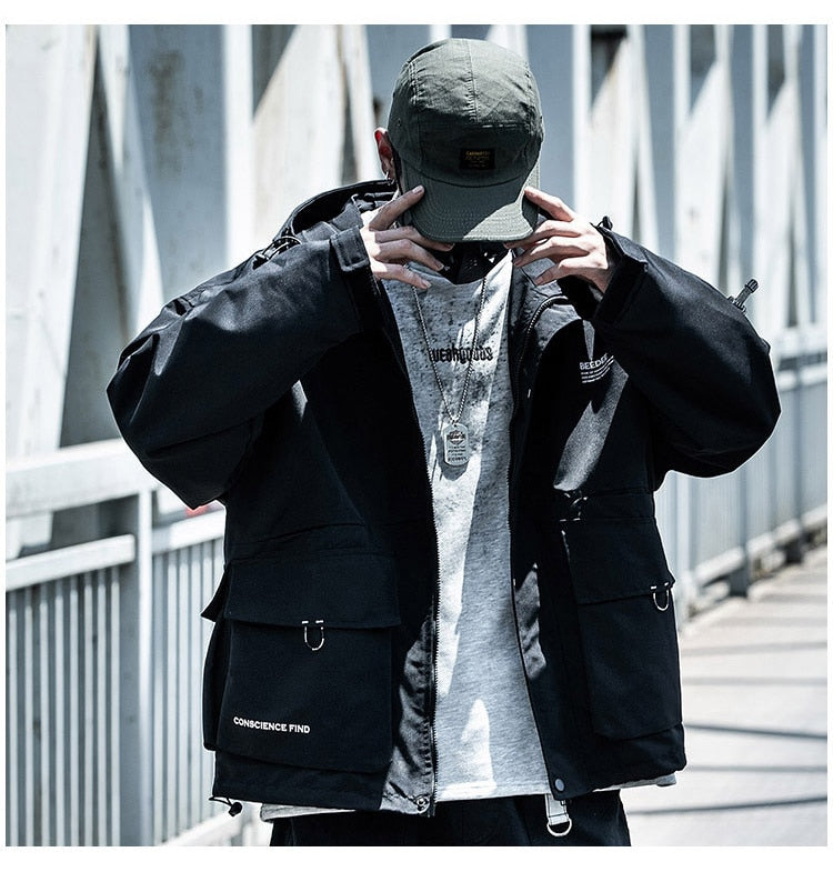 Letter Black Multi-pocket Men's Hip Hop Cargo Jackets Coats Streetwear Cardigan Zipper Casual Techwear Hooded Men Outerwear Top | Vimost Shop.