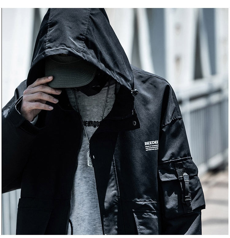 Letter Black Multi-pocket Men's Hip Hop Cargo Jackets Coats Streetwear Cardigan Zipper Casual Techwear Hooded Men Outerwear Top | Vimost Shop.