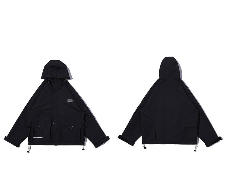 Letter Black Multi-pocket Men's Hip Hop Cargo Jackets Coats Streetwear Cardigan Zipper Casual Techwear Hooded Men Outerwear Top | Vimost Shop.