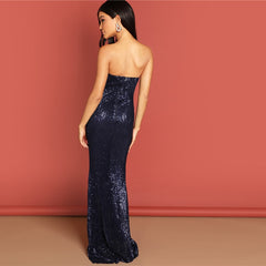 Navy Elegant Sequin Mesh Strapless Bodycon Evening Gown High Waist Zipper Back Solid Summer Women Party Dresses | Vimost Shop.