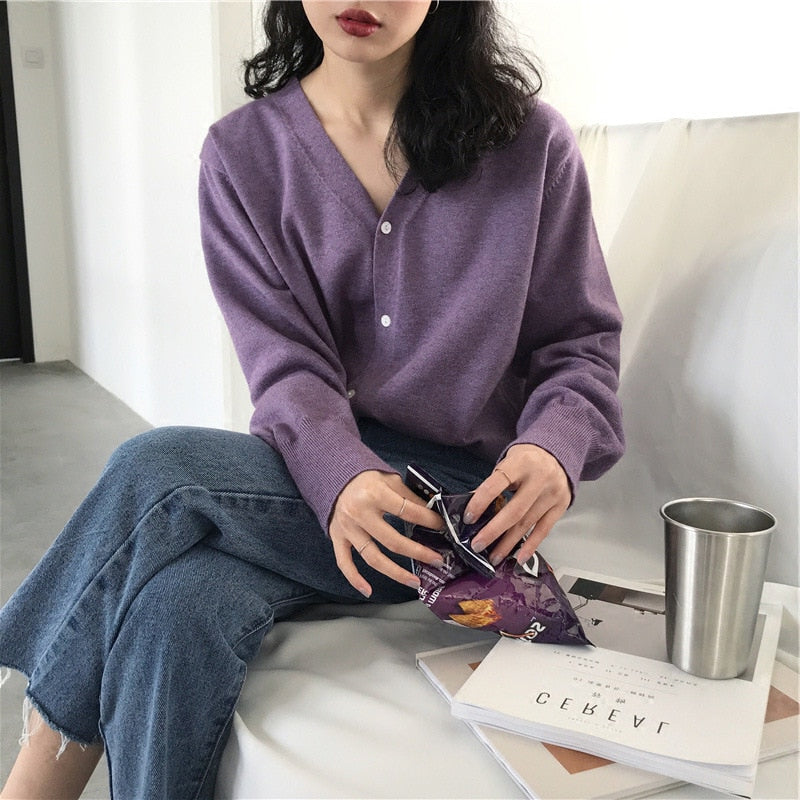 Knitted Cardigan Oversized Sweater Spring Autumn Women Simple Solid Color Bottom Wearing Sweater Fashion For Female