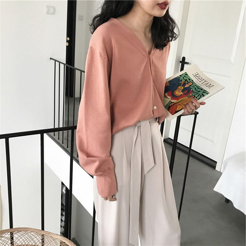 Knitted Cardigan Oversized Sweater Spring Autumn Women Simple Solid Color Bottom Wearing Sweater Fashion For Female