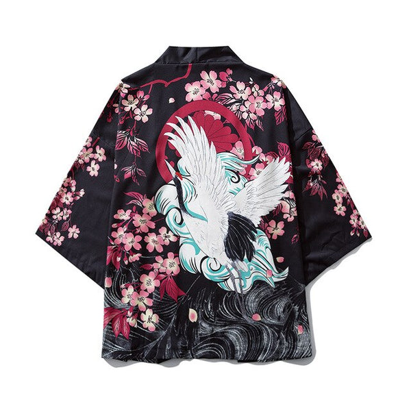 Japanese Ukiyoe Cherry Blossom Crane Kimono Jackets Mens Harajuku Streetwear Japan Style Coat Summer Hip Hop Thin Robe | Vimost Shop.