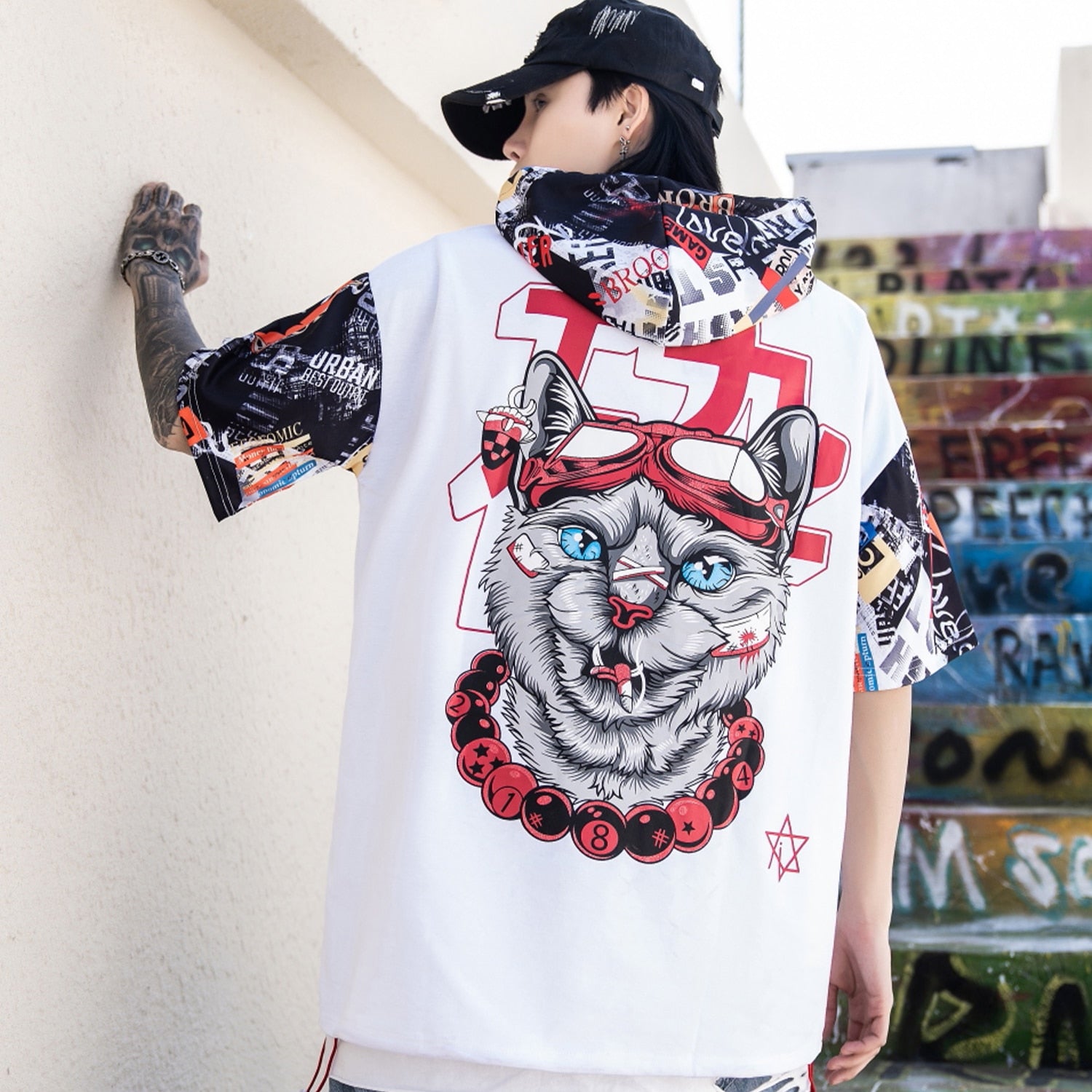 Hip Hop Dark Cat Print Men T Shirt Harajuku Streetwear Hooded Tops Tees Casual Cotton Short Sleeve | Vimost Shop.