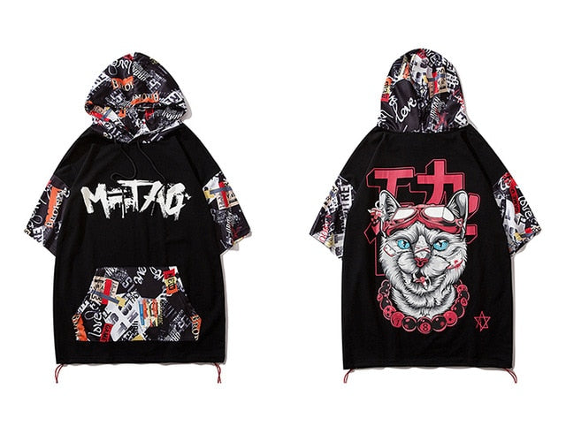Hip Hop Dark Cat Print Men T Shirt Harajuku Streetwear Hooded Tops Tees Casual Cotton Short Sleeve | Vimost Shop.