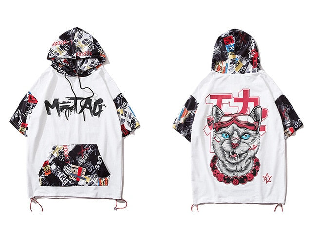 Hip Hop Dark Cat Print Men T Shirt Harajuku Streetwear Hooded Tops Tees Casual Cotton Short Sleeve | Vimost Shop.