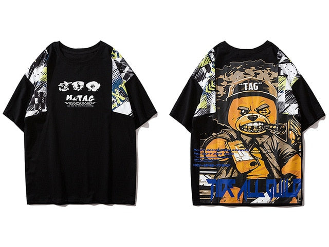 Hip Hop T Shirt Men Harajuku Streetwear Ferocious Bear Print Patchwork Tops Casual Cotton Short Sleeve Tees | Vimost Shop.