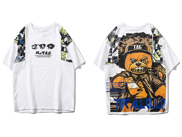 Hip Hop T Shirt Men Harajuku Streetwear Ferocious Bear Print Patchwork Tops Casual Cotton Short Sleeve Tees | Vimost Shop.